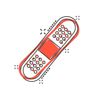 Çizgi roman tarzında bandaj simgesi. Beyaz izole arkaplanda alçı karikatür vektör çizimi. İlk yardım çantası sıçrama efekti iş konsepti.