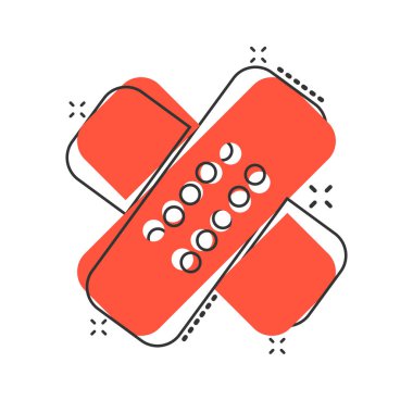 Çizgi roman tarzında bandaj simgesi. Beyaz izole arkaplanda alçı karikatür vektör çizimi. İlk yardım çantası sıçrama efekti iş konsepti.