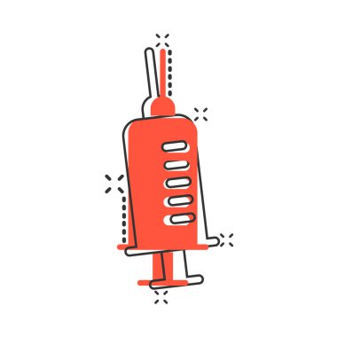 Şırınga ikonu. Beyaz izole edilmiş arka planda iğne karikatürü çizimi yapın. Uyuşturucu dozu sıçrama etkisi iş konsepti.