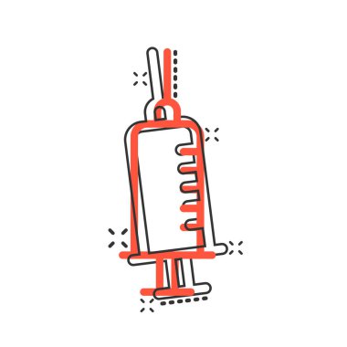 Şırınga ikonu. Beyaz izole edilmiş arka planda iğne karikatürü çizimi yapın. Uyuşturucu dozu sıçrama etkisi iş konsepti.