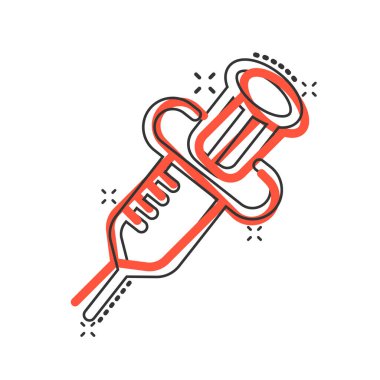 Şırınga ikonu. Beyaz izole edilmiş arka planda iğne karikatürü çizimi yapın. Uyuşturucu dozu sıçrama etkisi iş konsepti.