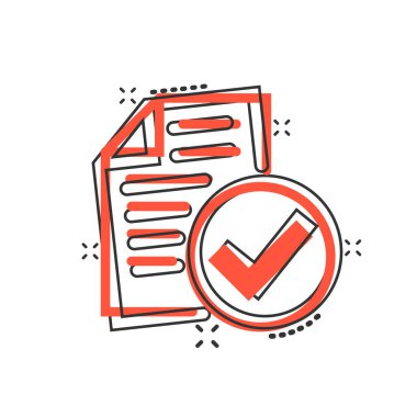 Çizgi roman tarzında onaylanmış belge simgesi. Beyaz izole edilmiş arkaplanda çizgi film vektör illüstrasyonunu onaylayın. Anlaşma denetim işareti sıçrama etkisi iş konsepti.