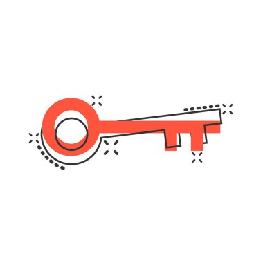 Çizgi roman tarzında anahtar simge. Beyaz izole edilmiş arkaplanda parola çizimi. Sıçrama etkisi iş konseptine erişim.