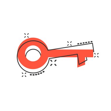 Çizgi roman tarzında anahtar simge. Beyaz izole edilmiş arkaplanda parola çizimi. Sıçrama etkisi iş konseptine erişim.