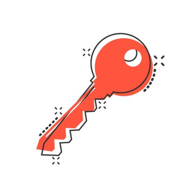 Çizgi roman tarzında anahtar simge. Beyaz izole edilmiş arkaplanda parola çizimi. Sıçrama etkisi iş konseptine erişim.