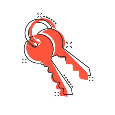 Çizgi roman tarzında anahtar simge. Beyaz izole edilmiş arkaplanda parola çizimi. Sıçrama etkisi iş konseptine erişim.