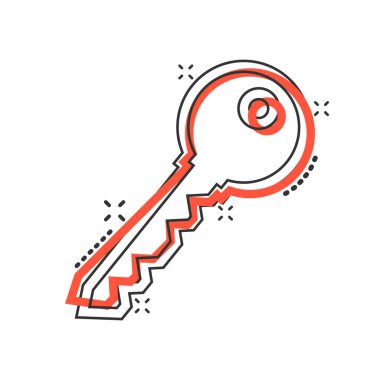 Çizgi roman tarzında anahtar simge. Beyaz izole edilmiş arkaplanda parola çizimi. Sıçrama etkisi iş konseptine erişim.