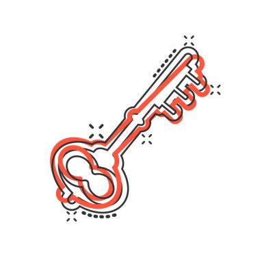 Çizgi roman tarzında anahtar simge. Beyaz izole edilmiş arkaplanda parola çizimi. Sıçrama etkisi iş konseptine erişim.