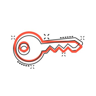 Çizgi roman tarzında anahtar simge. Beyaz izole edilmiş arkaplanda parola çizimi. Sıçrama etkisi iş konseptine erişim.