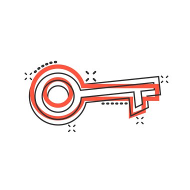 Çizgi roman tarzında anahtar simge. Beyaz izole edilmiş arkaplanda parola çizimi. Sıçrama etkisi iş konseptine erişim.