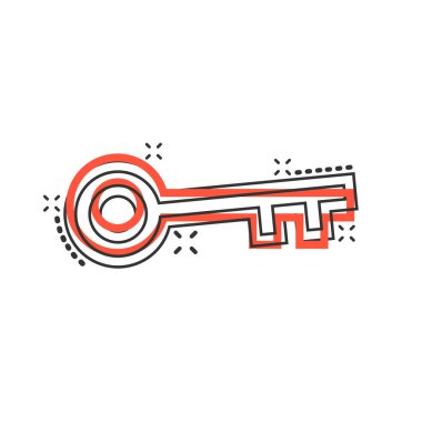 Çizgi roman tarzında anahtar simge. Beyaz izole edilmiş arkaplanda parola çizimi. Sıçrama etkisi iş konseptine erişim.