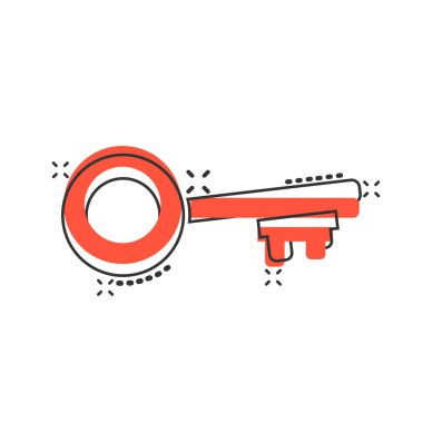 Çizgi roman tarzında anahtar simge. Beyaz izole edilmiş arkaplanda parola çizimi. Sıçrama etkisi iş konseptine erişim.