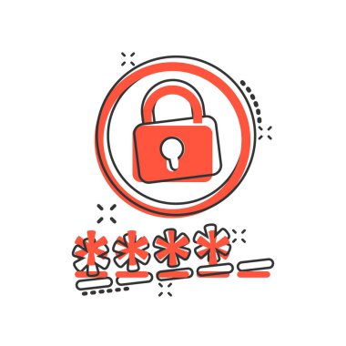 Çizgi roman biçiminde giriş simgesi. Beyaz izole arkaplanda parola erişimi çizgi film vektör illüstrasyonu. Asma kilit giriş sıçrama etkisi iş konsepti.