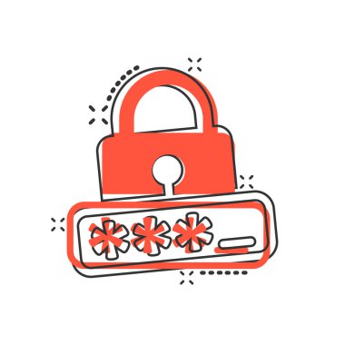 Çizgi roman biçiminde giriş simgesi. Beyaz izole arkaplanda parola erişimi çizgi film vektör illüstrasyonu. Asma kilit giriş sıçrama etkisi iş konsepti.