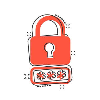 Çizgi roman biçiminde giriş simgesi. Beyaz izole arkaplanda parola erişimi çizgi film vektör illüstrasyonu. Asma kilit giriş sıçrama etkisi iş konsepti.