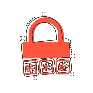 Çizgi roman biçiminde giriş simgesi. Beyaz izole arkaplanda parola erişimi çizgi film vektör illüstrasyonu. Asma kilit giriş sıçrama etkisi iş konsepti.