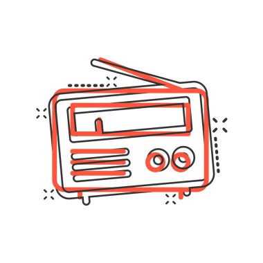 Komik bir radyo ikonu. Beyaz izole edilmiş arka planda çizgi film vektör çizimi. Radyoaktif sıçrama etkisi iş konsepti.