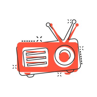 Komik bir radyo ikonu. Beyaz izole edilmiş arka planda çizgi film vektör çizimi. Radyoaktif sıçrama etkisi iş konsepti.
