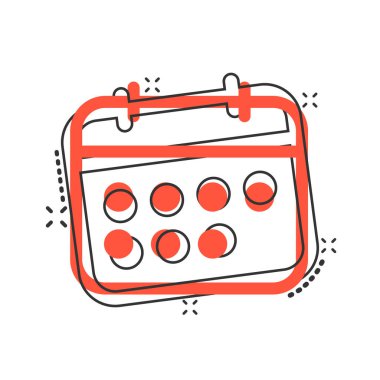 Çizgi roman tarzında takvim simgesi. Beyaz izole edilmiş arka planda ajanda vektör çizimi. Zamanlama planlayıcısı sıçrama etkisi iş konsepti.