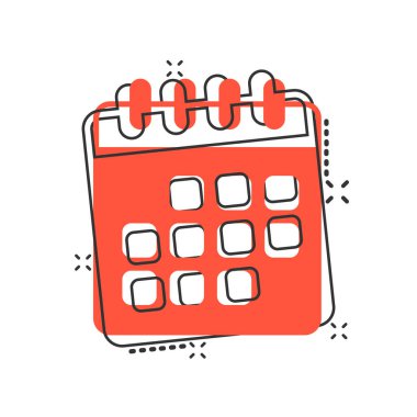 Çizgi roman tarzında takvim simgesi. Beyaz izole edilmiş arka planda ajanda vektör çizimi. Zamanlama planlayıcısı sıçrama etkisi iş konsepti.