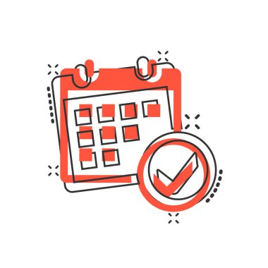 Çizgi roman tarzında takvim simgesi. Beyaz izole edilmiş arka planda ajanda vektör çizimi. Zamanlama planlayıcısı sıçrama etkisi iş konsepti.