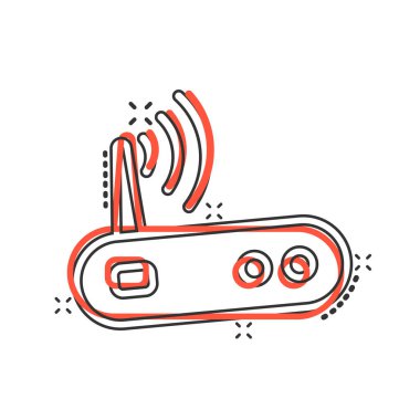 Wifi router simgesi çizgi roman tarzında. Geniş bant karikatür vektör çizimi beyaz izole arkaplanda. İnternet bağlantısı sıçrama etkisi iş konsepti.
