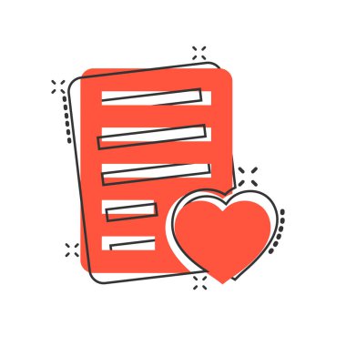 Çizgi roman tarzında istek listesi simgesi. Beyaz izole arkaplandaki karikatür vektör çizimi gibi. Favori liste sıçrama etkisi iş konsepti.