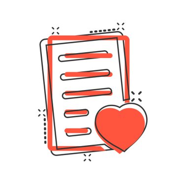 Çizgi roman tarzında istek listesi simgesi. Beyaz izole arkaplandaki karikatür vektör çizimi gibi. Favori liste sıçrama etkisi iş konsepti.