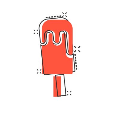 Çizgi roman tarzında dondurma ikonu. Beyaz izole edilmiş arka planda sundae karikatür vektör çizimi. Şerbet tatlısı sıçrama etkisi iş konsepti.