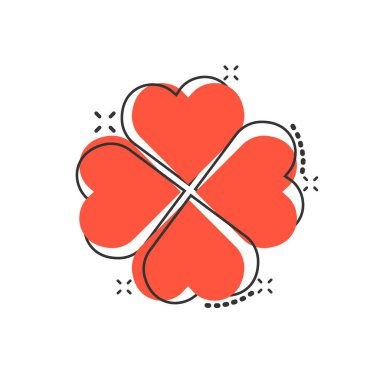 Çizgi roman tarzında dört yapraklı yonca simgesi. Beyaz izole arka planda Aziz Patrick Günü karikatür vektör çizimi. Çiçek şekli sıçrama etkisi iş konsepti.