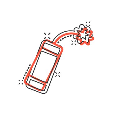Çizgi roman tarzında bomba ikonu. Beyaz izole edilmiş arka planda dinamit karikatür vektör çizimi. C4 su sıçratma etkisi iş konsepti değil.