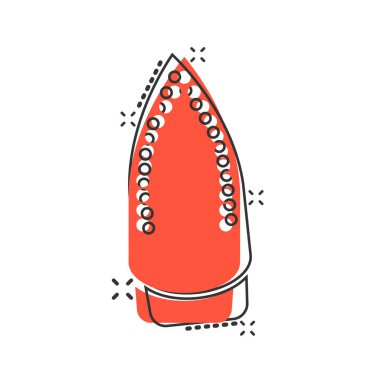 Çizgi roman tarzında bir simge. Beyaz izole edilmiş arka planda çamaşırhane ekipmanı çizgi film vektör çizimi. Su sıçratma etkisi iş konsepti ütüleniyor.