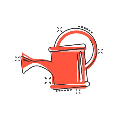 Su, komik bir şekilde ikon olabilir. Beyaz yalıtılmış arka planda sulama bahçesi çizgi filmi vektör çizimi. Su sıçratma etkisi iş konsepti.