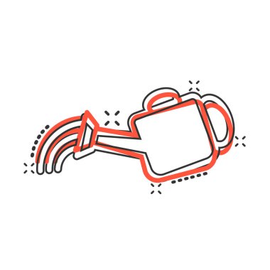 Su, komik bir şekilde ikon olabilir. Beyaz yalıtılmış arka planda sulama bahçesi çizgi filmi vektör çizimi. Su sıçratma etkisi iş konsepti.