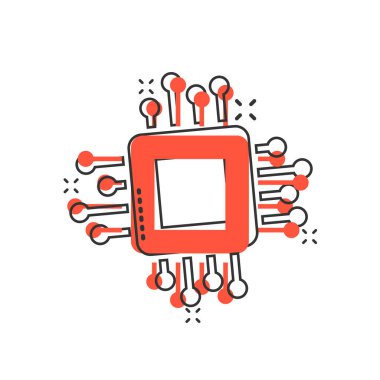 Çizgi roman tarzında bilgisayar işlemcisi simgesi. Beyaz izole edilmiş arka planda devre tahtası çizgi film vektör çizimi. Anakart çipi sıçrama etkisi iş konsepti.