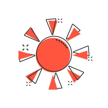 Komik bir güneş ikonu. Beyaz izole arkaplanda güneş ışığı çizgi film işareti vektör çizimi. Gün ışığı sıçrama etkisi iş konsepti.