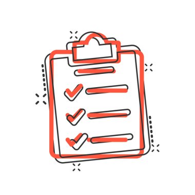 Çizgi roman tarzında belge kontrol listesi simgesi. Beyaz izole edilmiş arka planda çizgi film vektör illüstrasyonunu rapor et. Kağıt tabaka sıçrama etkisi iş konsepti.