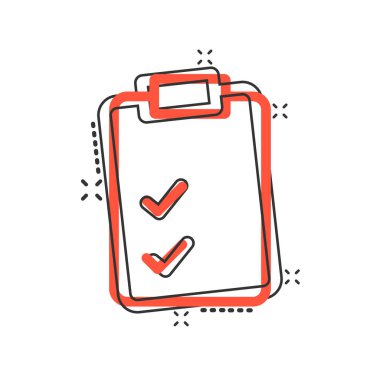 Çizgi roman tarzında belge kontrol listesi simgesi. Beyaz izole edilmiş arka planda çizgi film vektör illüstrasyonunu rapor et. Kağıt tabaka sıçrama etkisi iş konsepti.