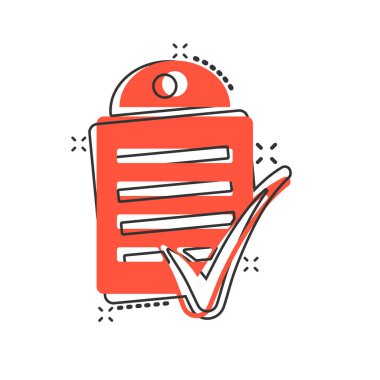 Çizgi roman tarzında belge kontrol listesi simgesi. Beyaz izole edilmiş arka planda çizgi film vektör illüstrasyonunu rapor et. Kağıt tabaka sıçrama etkisi iş konsepti.