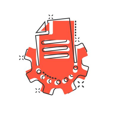 Çizgi roman tarzında dişli simgesi olan belge. Beyaz izole edilmiş arka planda büyük veri işleme çizgi film vektör çizimi. Kağıt sayfası yazılımı etki çözümü iş konseptini sıçrattı.