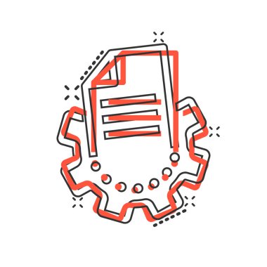 Çizgi roman tarzında dişli simgesi olan belge. Beyaz izole edilmiş arka planda büyük veri işleme çizgi film vektör çizimi. Kağıt sayfası yazılımı etki çözümü iş konseptini sıçrattı.