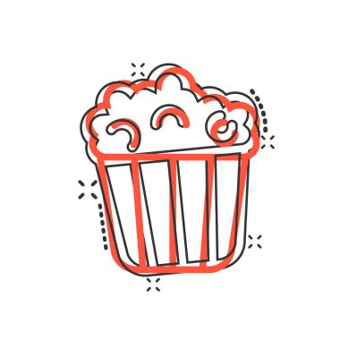 Komik bir film ikonu. Beyaz izole edilmiş arka planda patlamış mısır çizgi filmi vektör çizimi. Patlamış mısır kovası sıçrama efekti iş konsepti.