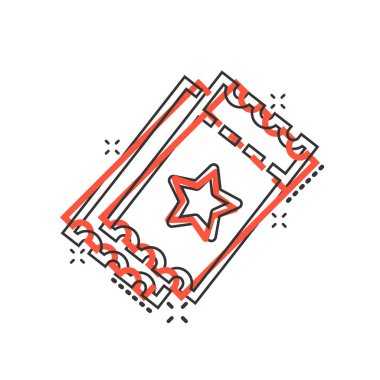 Çizgi roman tarzında sinema bileti ikonu. Beyaz izole edilmiş arka planda bir kupon giriş karikatürü vektör illüstrasyonunu kabul et. Bilet sıçrama etkisi iş konsepti.