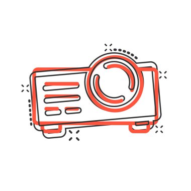 Çizgi roman tarzında video projektör işaret simgesi. Beyaz izole edilmiş arkaplanda sinema sunumu aygıtı karikatür vektör çizimi. Konferans sıçrama etkisi iş konsepti.