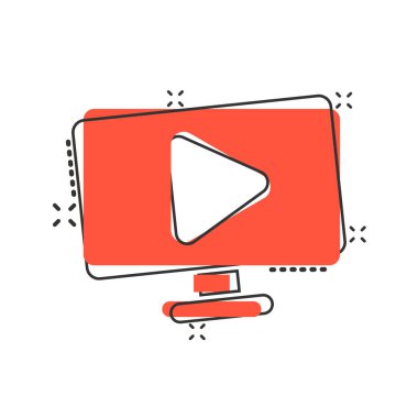 Çizgi roman tarzında televizyon ekranı simgesi. Beyaz izole edilmiş arka planda video karikatür vektör çizimi. Bilgisayar monitörü sıçrama etkisi iş konsepti.