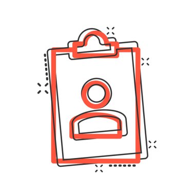 Çizgi roman tarzında kimlik kartı simgesi. Beyaz izole edilmiş arkaplanda kimlik etiketi vektör çizimi. Ehliyet sıçrama etkisi iş konsepti.