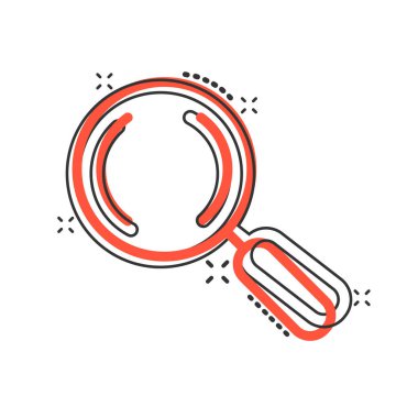 Çizgi roman tarzında Loupe işareti simgesi. Beyaz izole arkaplanda büyüteç karikatür vektör çizimi. Arama sıçrama etkisi iş konsepti.