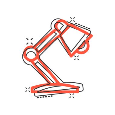 Çizgi roman tarzında lamba simgesi. Ampul karikatür vektör çizimi beyaz izole arkaplanda. Elektrik sıçrama etkisi iş konsepti.