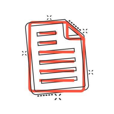 Çizgi roman tarzında belge notu simgesi. Beyaz zemin üzerinde kağıt sayfa çizgi film vektör çizimi. Not defteri belgesi sıçrama etkisi iş konsepti.