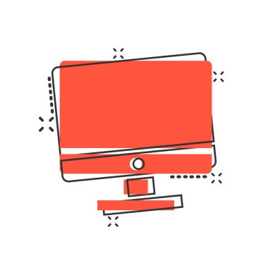 Bilgisayar monitörü simgesi çizgi roman tarzında. İzole edilmiş arkaplanda çizgi film vektör çizimi göster. Piktogram sıçrama efekti iş konseptini izle.